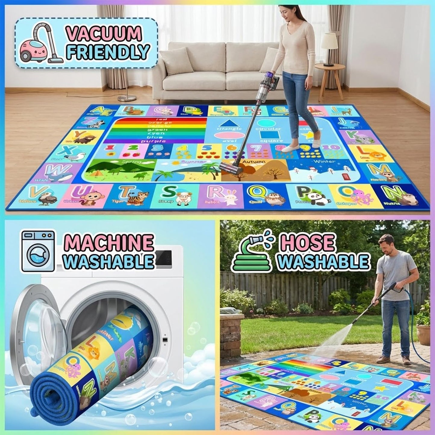 OGPJKEQR Kids Educational Area Rug 3x5, Non-Slip ABC Alphabet Rug for Playroom Bedroom, Learning Carpet with Numbers Animals Seasons, Classroom Nursery Floor Play Mat for Toddlers Boys Girls