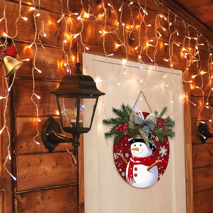 Snowman Door Sign Winter Cardinal Bird Poinsettia Hanging Sign with Wreath and Bow Xmas Snowflake Pines Holly Berry Round Wooden Front Door Sign for Seasonal Farmhouse Decor 12x12 Inch