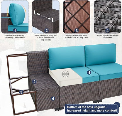 Kurapika 10 Pieces Patio Furniture Set, Rattan Wicker Outdoor Conversation Sets w/43in Propane Fire Pit Table and 4 Inch Cushion(Blue)