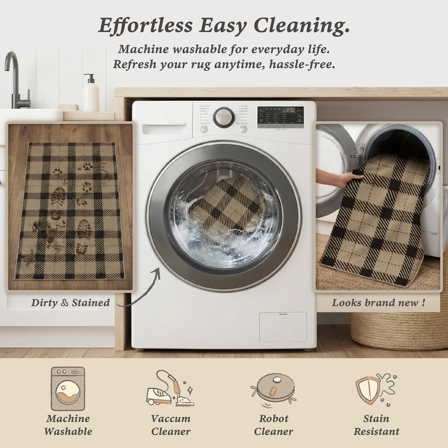 Easy Jute Farmhouse Area Rug 5x7, Washable Indoor Outdoor Plaid Rug, Black and Tan Rustic Woven Non Slip Carpet for Living Room, Entryway, Patio, Bedroom, Under Bed