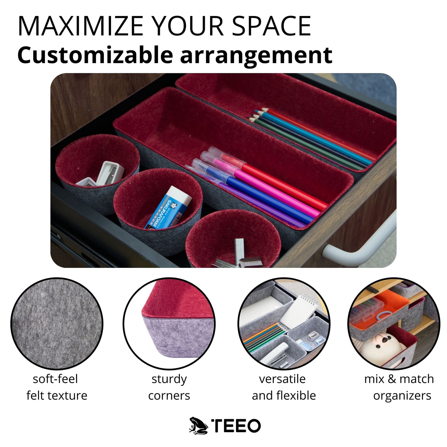Teeo - Drawer Organizers - Office Supply Organizer - Desktop Drawers - Organizing Containers - Jewelry Tray Makeup Storage Home Dividers Compartment Desk Caddy Cosmetic Bins - Pack of 9, Burgundy