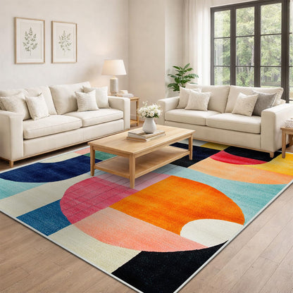 5x7 Colorful Area Rug Modern Abstract Orange Yellow Pink Blue White Beige Black Bedroom Rug Low Pile Thin Large Carpet Living Room Non Slip Dining Room Stain Resistant Office Washable Machine