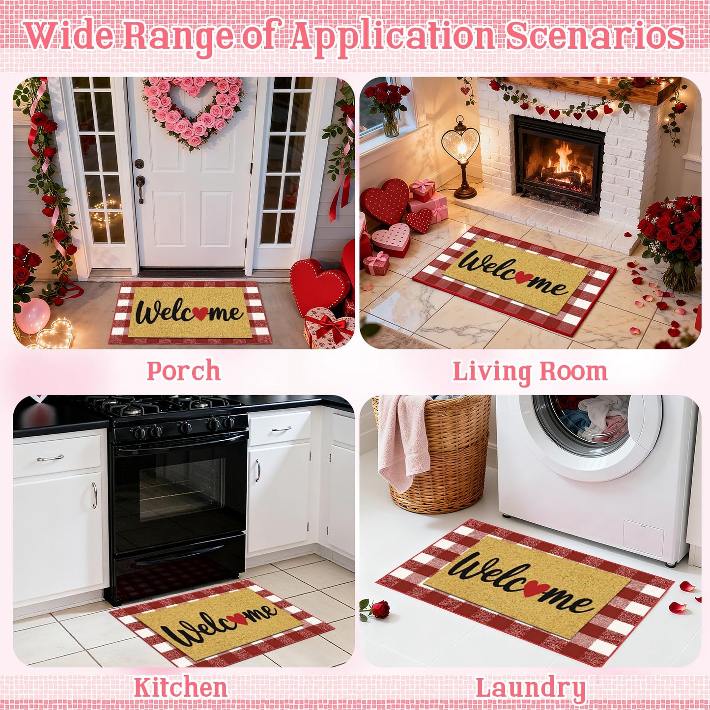 APUDWN 2 Pcs Valentines Day Welcome Doormat, Heart Welcome Door Mat Valentines Day Non Slip Coir Plaid Mat Layering Doormats Seasonal for Home Bathroom Front Porch Entryway Decor 24"x 32"