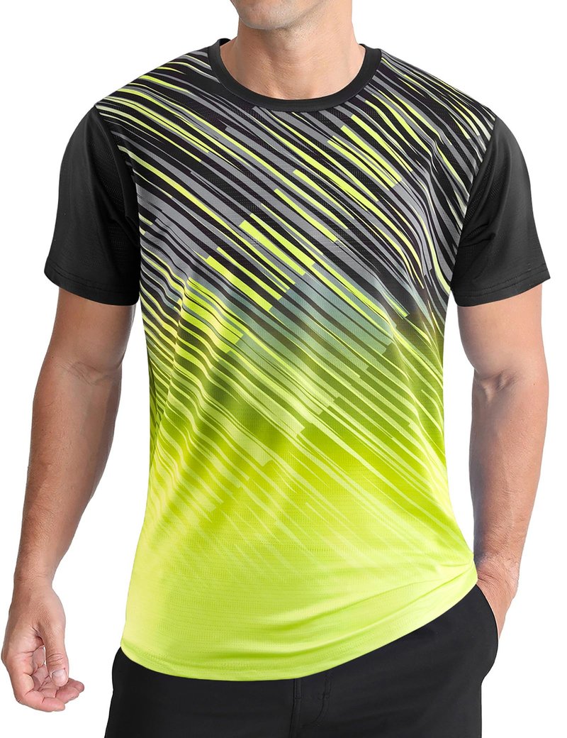 Men's Athletic T-Shirt Performance Gym Shirt Quick Dry Moisture Wicking Running Workout Outdoor Activities Short Sleeve Tops Yellow Stripes L