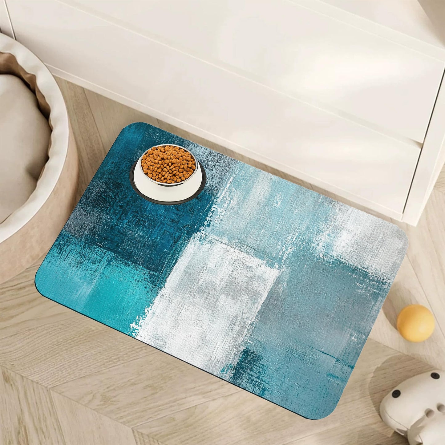 Turquoise Grey Dog Cat Food Mat,Teal Modern Art Absorbent Pet Feeding Mat for Food and Water,Non-Slip Dog Bowl Mats Floor Protector 16"x24"