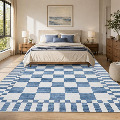 GarveeHome Dark Blue Checkered Rug 5×7 Area Rugs for Living Room，Non-Slip Washable Rug Soft Low-Pile, Neutral Modern Farmhouse Geometric Rugs for Bedroom Dining Room Office