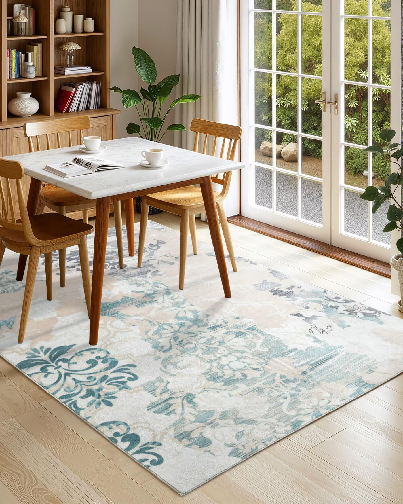 Macgace Washable Abstract Rug, 5x7 Ivory and Aqua Floral Area Rugs with Non-Slip Rubber Backed for Bedroom, Low Pile Modern Throw Carpet Kitchen Living Room Decor