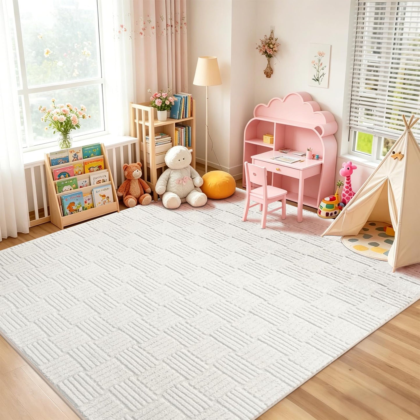 5x7 White Washable Shag Area Rug for Girls Bedroom, Modern Geometric Non Slip Living Room Rugs, Fluffy Soft Thick Carpet for Kids Room, Dorm, Office, and Home Decor