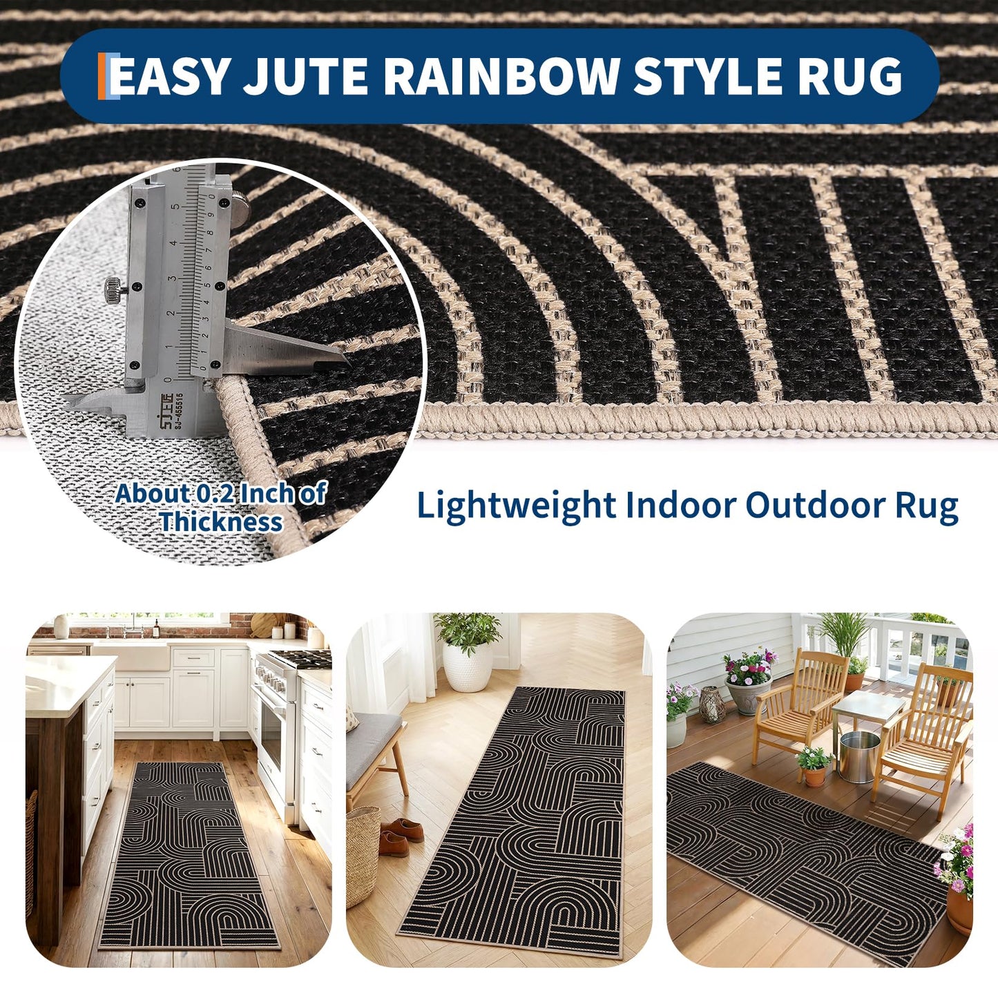 GarveeHome Easy Jute 2x8 Modern Rainbow Runner Rug for Hallway Kitchen Bedroom Non Slip Indoor Outdoor Runner Door Mat for Laundry Porch
