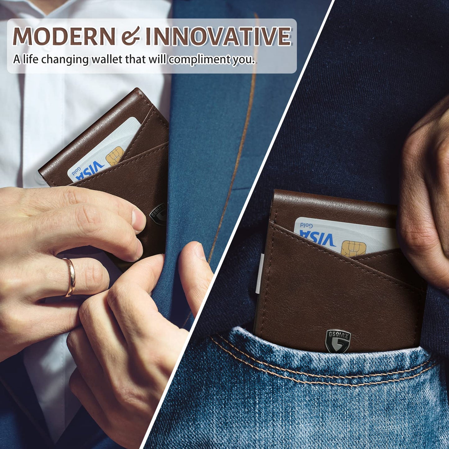 GSOIAX Slim Leather RFID Bifold Wallet for Men Minimalist Front Pocket Wallet with Money Clip,12 Card Slots,ID Window,Cool Groove Design,Includes Gift Box (Leather Brown)
