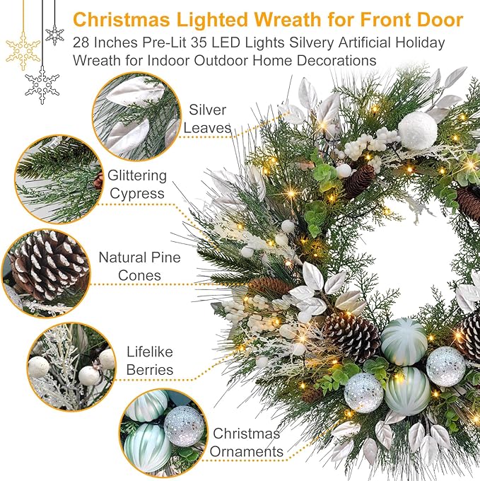 28’’ Pre-Lit Artificial Christmas Wreath, Theme Battery Operated 35 LED Lights with Faux Greenery, Pine Cones, Silver Leaves, White Berries and Silver Ornaments