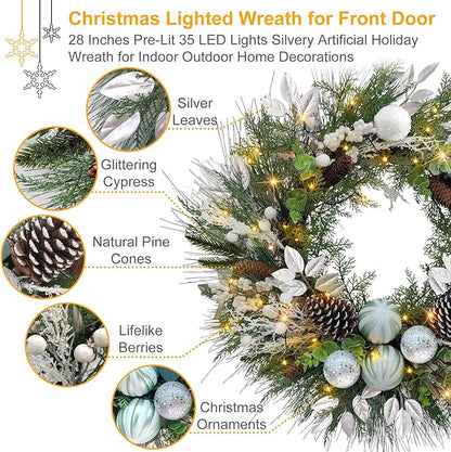 28’’ Pre-Lit Artificial Christmas Wreath, Theme Battery Operated 35 LED Lights with Faux Greenery, Pine Cones, Silver Leaves, White Berries and Silver Ornaments