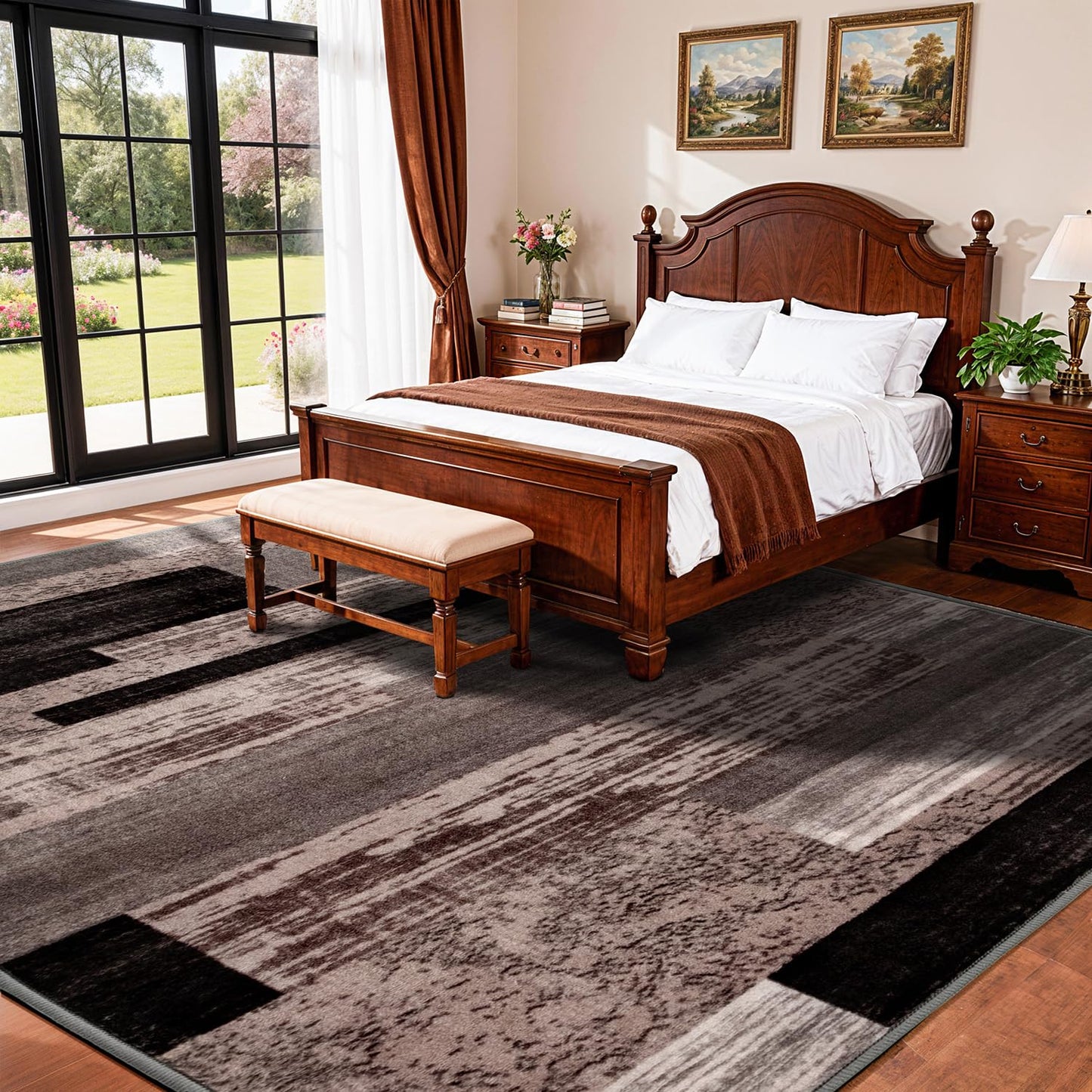 LIANLAM 5x7 Washable Area Rugs for Living Room and Bedroom, Vintage Checkered Pattern Non-Slip Carpet, Stain Resistant Low Pile Soft Rug for Dining Room,Office,Nursery,Kids Room(5x7,Chocolate)