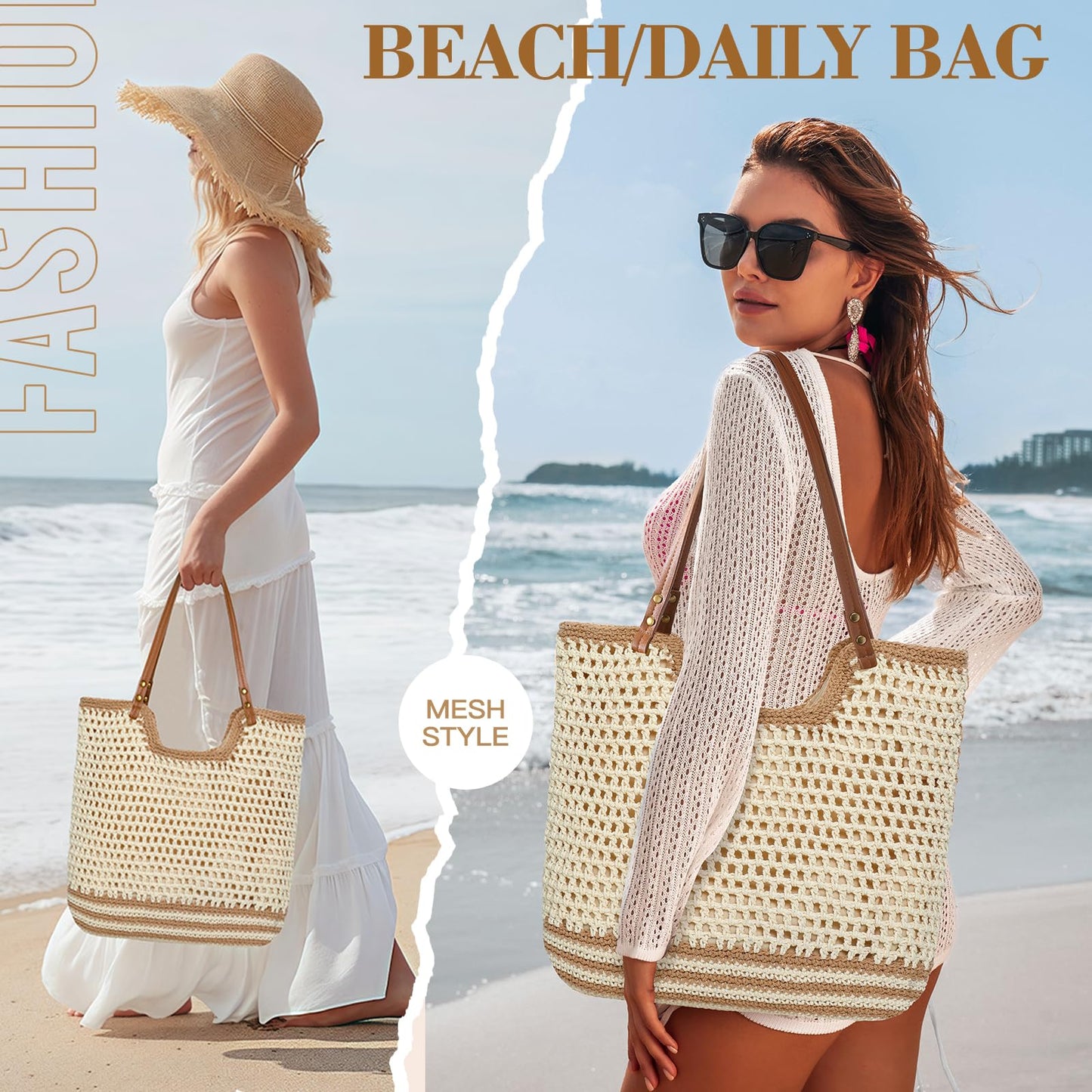 Pleneal Crochet Beach Bags for Women, Summer Beach Tote Bag, Soft Woven Shoulder Bags for Vacation