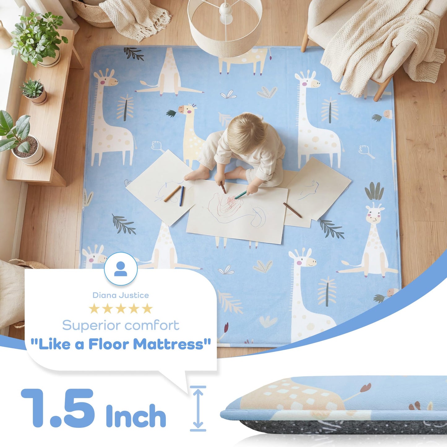 PaPaMat 1.5" Thick Premium Baby Floor Play Mat, 71x79 Over-Sized Padded Memory Foam Mat, Tummy Time Crawling Playmat for Nursery Kids Playroom, Giraffe