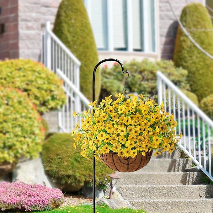 Artificial Faux Hanging Plants Flowers Basket for Fall Outdoor Decoration, Fake Silk Daisy in Planter Realistic UV Resistant Look Real for Porch Home Patio Balcony Yard(Yellow)