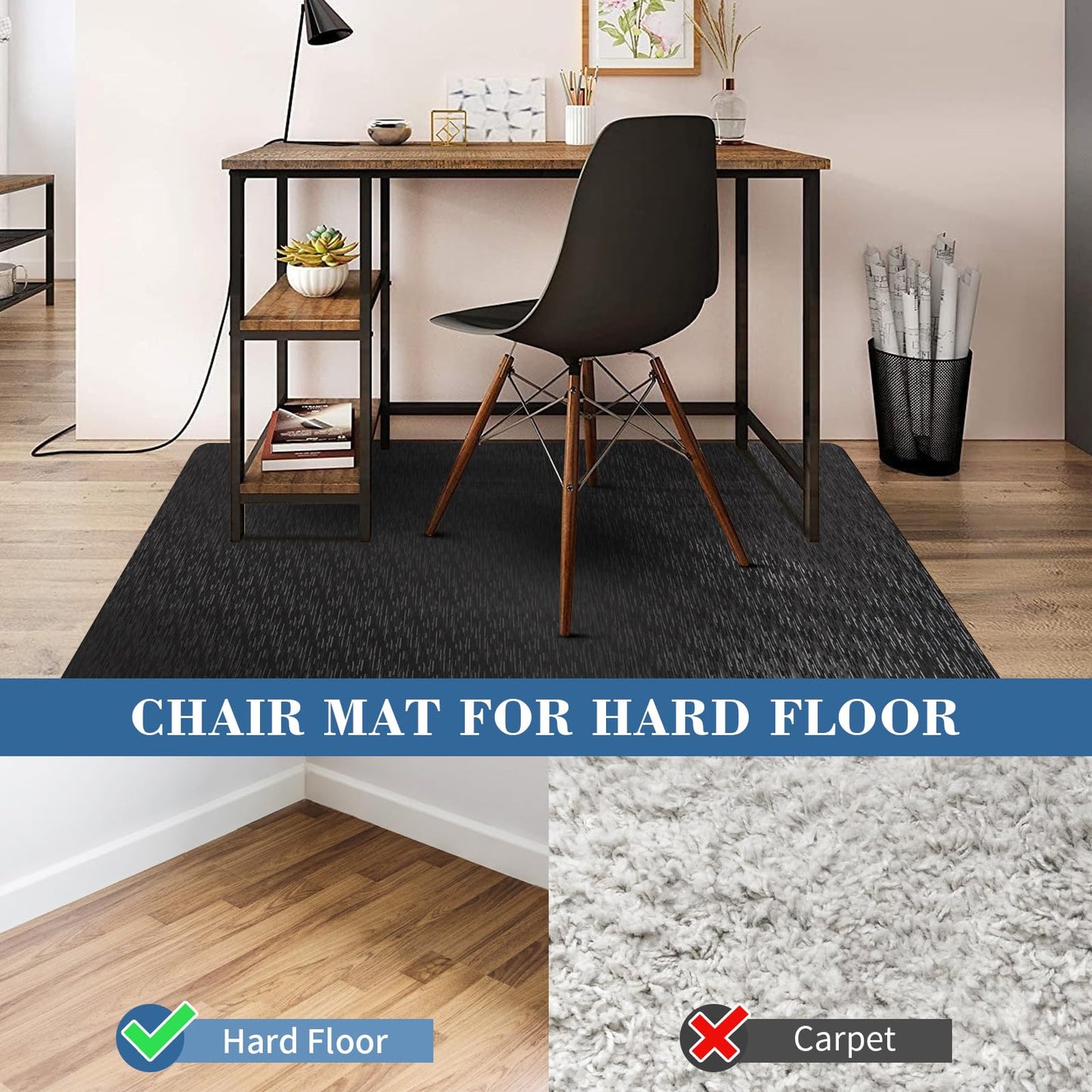 Office Chair Mat, TYDLE 59"x75" Large Chair Mat for Hard Floor, Vinyl Mat for Gaming Chairs, Slip Resistant Rolling Computer Under Desk Mat for Hardwood Floor, Black