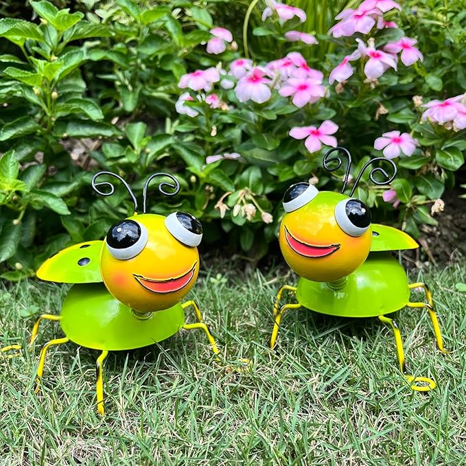Metal Yard Art Garden Decor for Outside Cute Green Ladybugs Lawn Patio Ornaments Backyard Decorations Garden Gifts for Mom - Set of 2