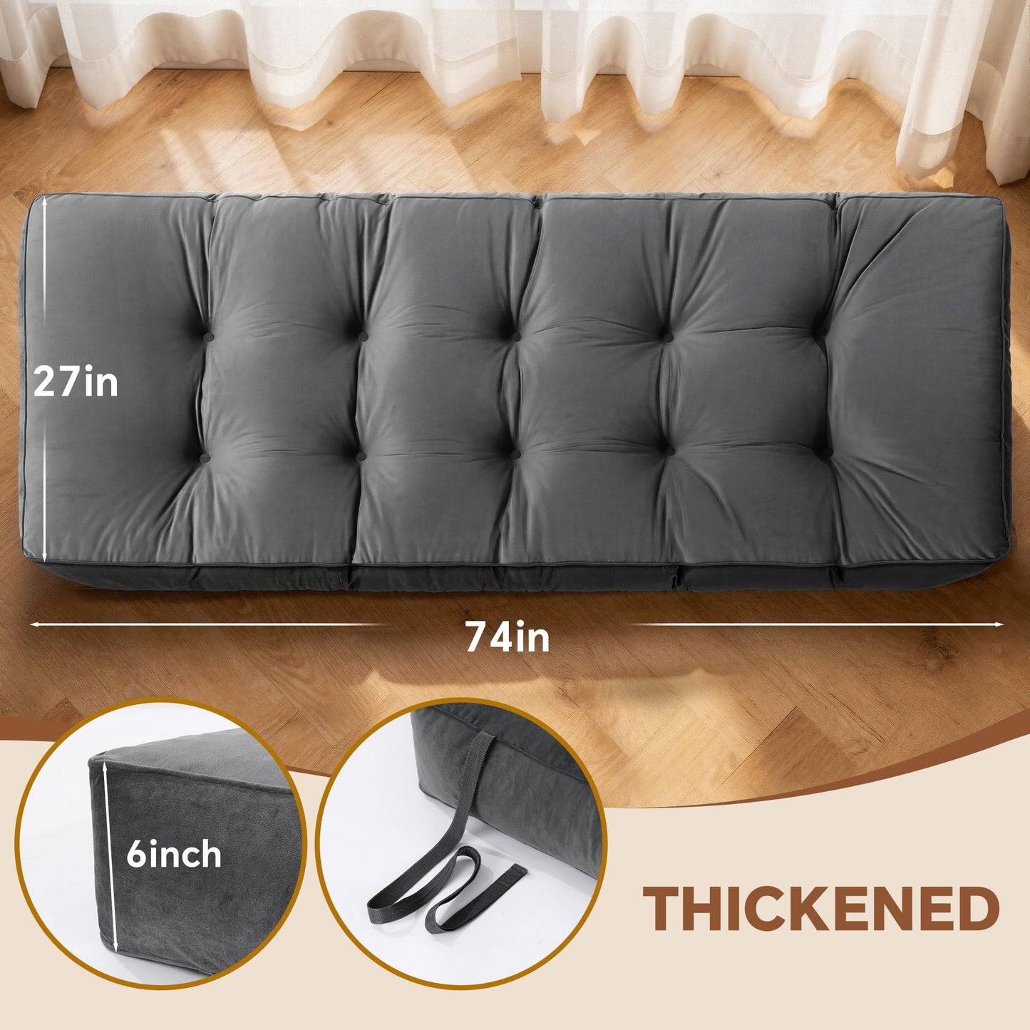 HOMBYS 6 Inch Thick Japanese Floor Mattress, 74"x27" Foldable Futon Mattress Tatami Floor Bed, Portable Futon Cushion for Home, Camping & Yoga, Gray