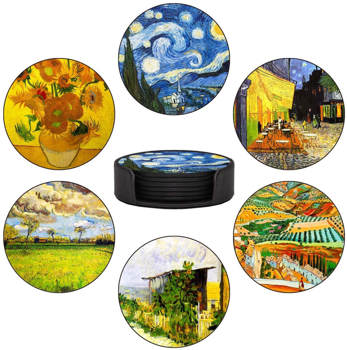 ABCHCHS Coasters Set of 6 - Van Gogh Style PU Leather Coasters for Drinks with Holder - Handmade Round Drink Coasters Set for Home Decor and Housewarming Gift