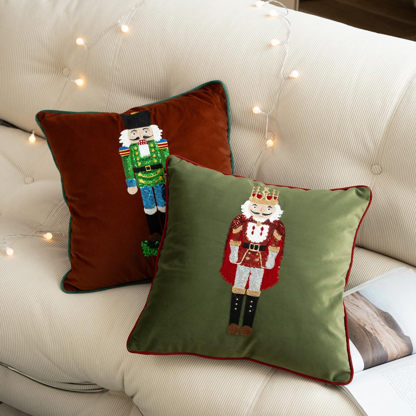 MOCOFO Christmas Embroidered Nutcracker Throw Pillow Cover - Decorative Holiday Cushion Cover (Beige, 12” x 20”)