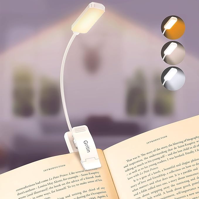 Gritin 9 LED Rechargeable Book Light for Reading in Bed -Eye Caring 3 Color Temperatures,Stepless Dimming Brightness,80 Hrs Runtime Small Lightweight Clip On Book Reading Light for Studying-White