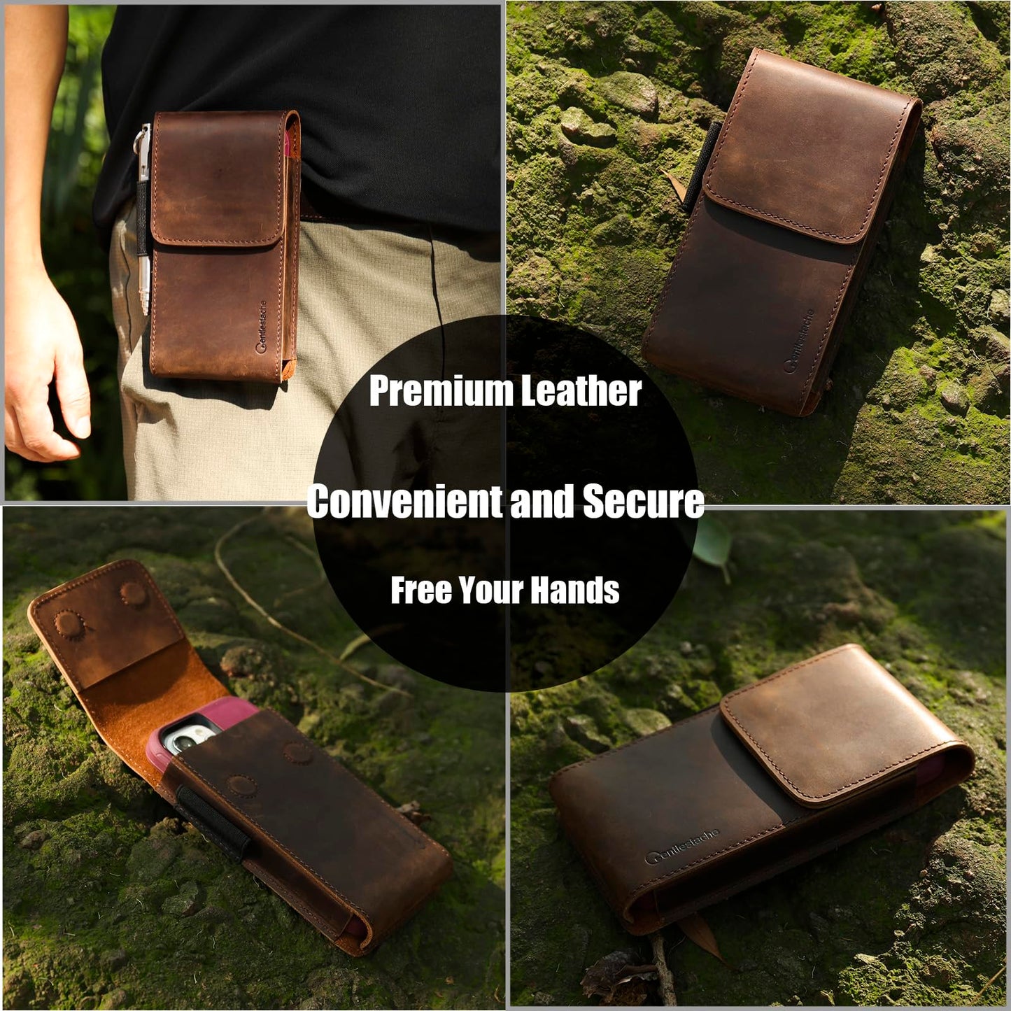 Gentlestache Leather Phone Holster for iPhone 16 Pro, 15 Pro, 14 Pro - Cell Phone Case for Galaxy S25, S24, S23 - Belt Clip Phone Pouch - Fits with Thick Case, Darkbrown-L