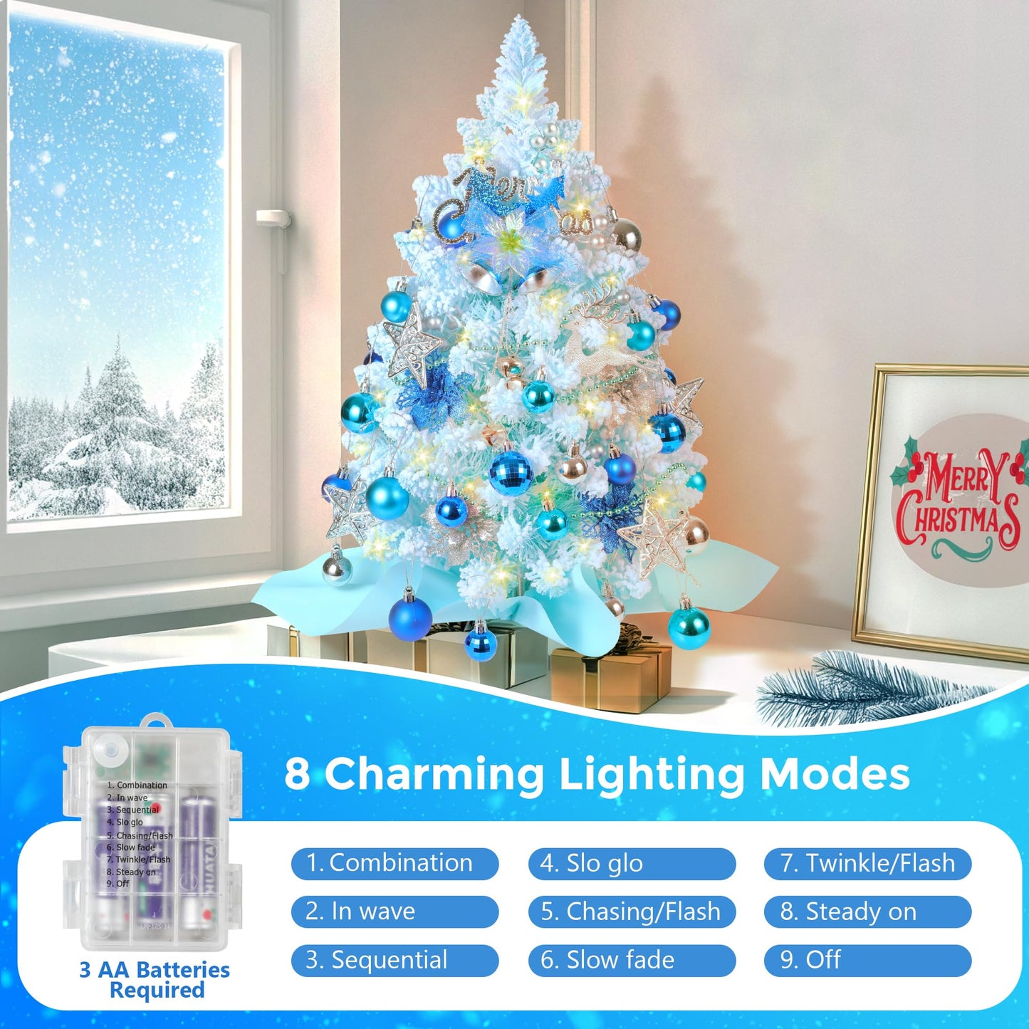 2FT Snow Flocked Christmas Tree, Blue Mini Christmas Tree, Artificial Tabletop Christmas Trees with 60 LED Lights,100 Branch Tips, 47 Ornaments, Small Prelit Xmas Tree for Home Party