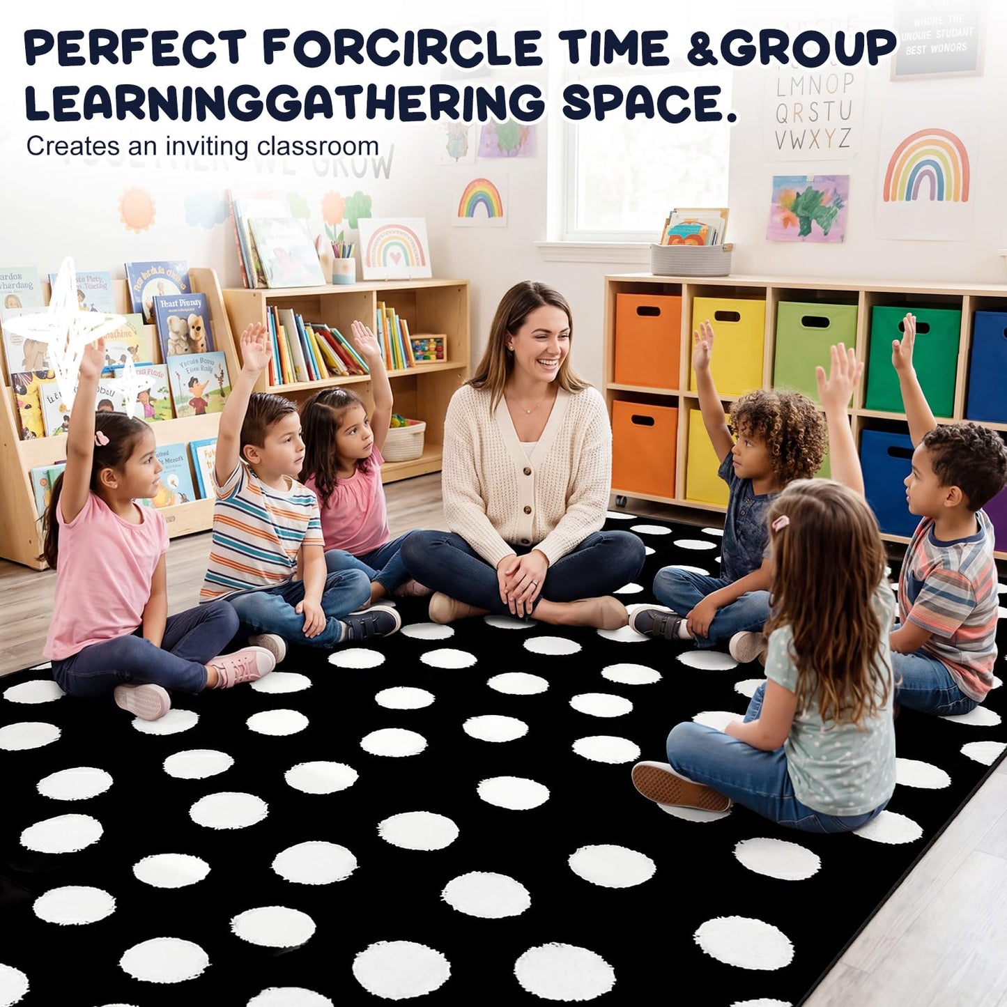 Nuanchu Large Polka Dot Classroom Rug 6.5 x 12.1 ft Black and White Classroom Carpet with Rubber Backing Non-Slip First Day of School Rugs for Playroom Nursery Preschool