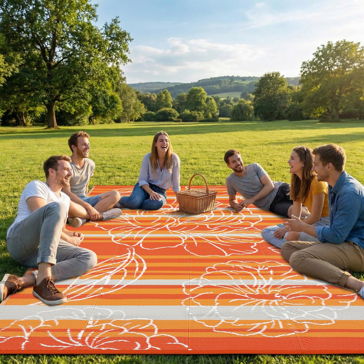 Garvee 8x10 Outdoor Waterproof Rug, Floral Outdoor Area Rug，Reversible Plastic Straw Patio Rug, Portable Camping Mat for RV, Picnic, Beach, Balcony, Garden & Camping Orange