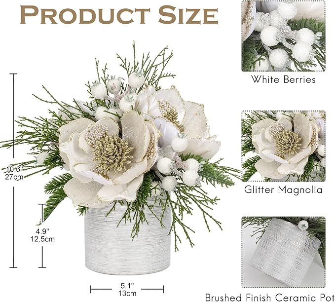 DILATATA 12 inch White Christmas Table Centerpiece with 5" Glitter Magnolia Flower and White Berries Fir Greenery Artificial Floral Centerpiece