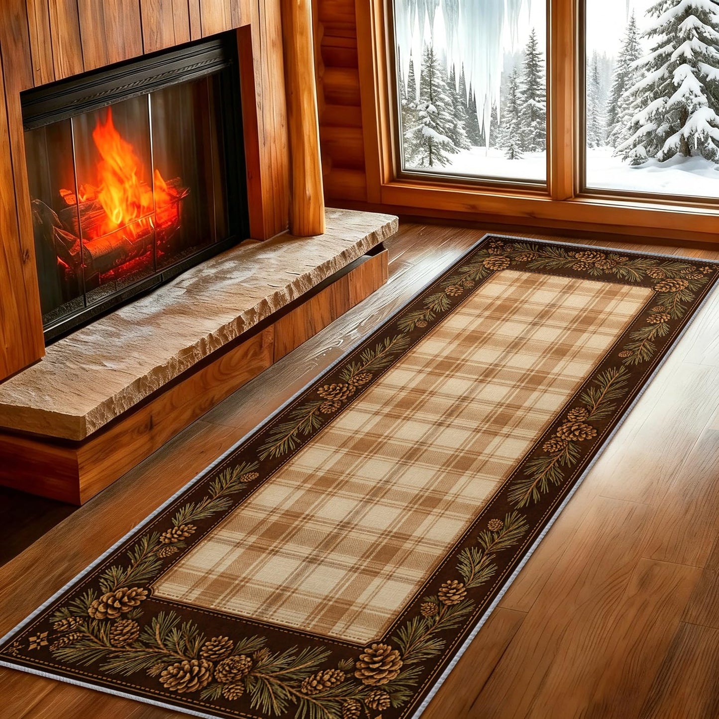Rustic Cabin Runner Rug 2x10 Earth Tone Plaid Hallway Runner Rug, Pinecone Plaid Border Rugs, Western Rugs for Hallway, Non-Slip Washable Low Pile Entryway Carpet for Kitchen Living Room Bedroom