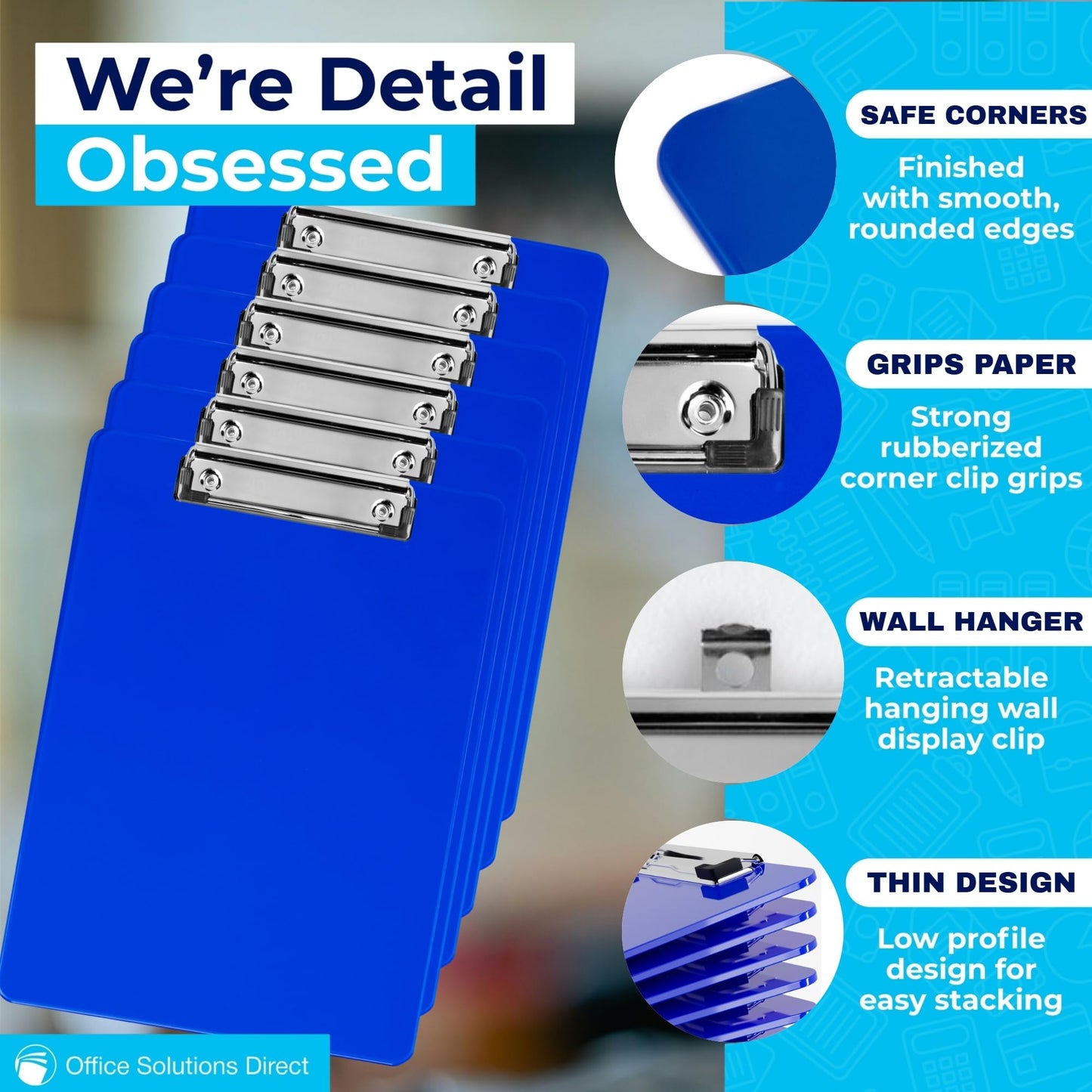Blue Plastic Clipboard with Low Profile Clip (Pack of 6) - Letter Size Clip Board Blue with Flat Clip, A4 Size Acrylic Clipboard for Boys and Girls | Cute Aesthetic College & Back to School Supplies