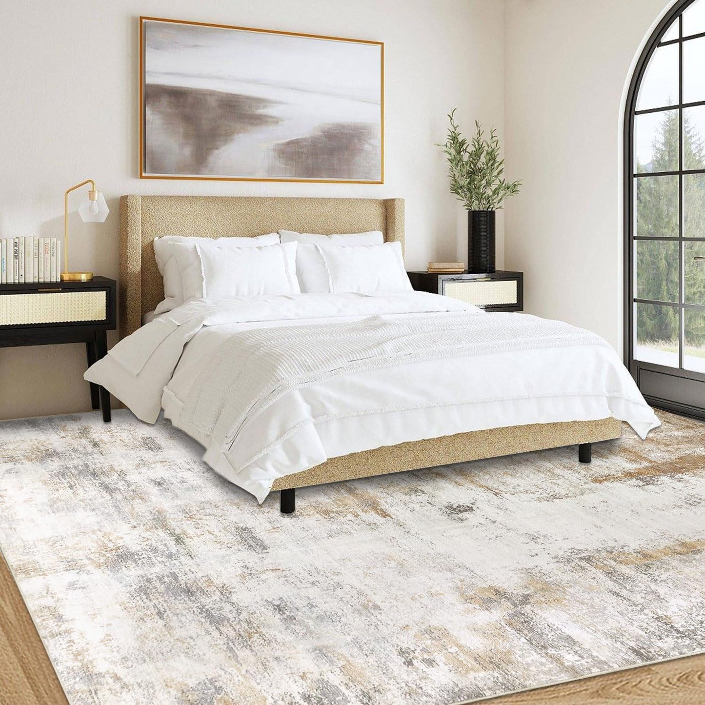 famibay Machine Washable Area Rugs 8x10 Rugs for Living Room Low Pile Neutral Area Rug Large Dining Room Rugs for Under Table Rubber Back Abstract Carpet for Living Room Under Bed(Beige/Camel