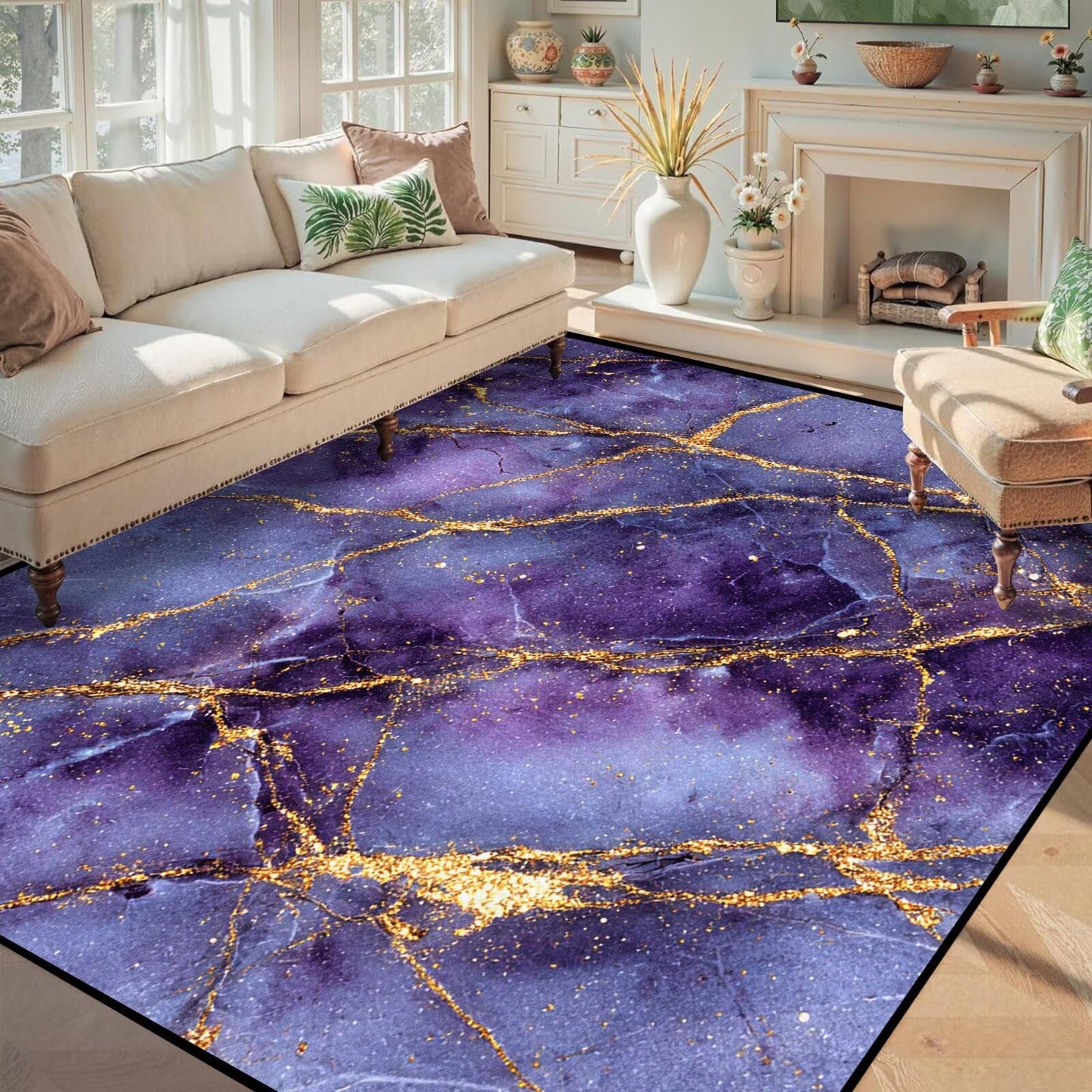 FUYEUN 5' x 7' Marble Area Rug Morden Abstract Throw Rugs for Classroom Bedroom Dorm Living Room Home Teens Carpet Home Decor Washable, 63" x 83", Purple and Gold