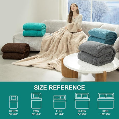 Electric Blanket King Size Single Control - 100"X90" Soft Double Sided Sherpa Heated Blanket with 6 Heating Levels & 10 hrs Timer Settings, Washable & ETL Certified for Bed, Green