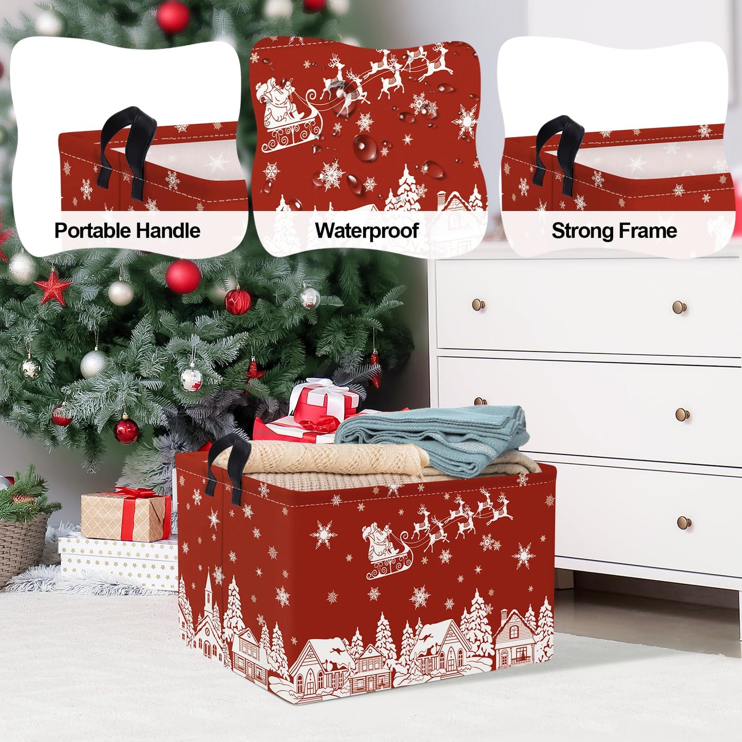 Clastyle Christmas Santa Elk Storage Basket Winter Snow House Snowflake Shelf Basket Christmas Tree Red Holiday Gift Basket Empty Collapsible Rectangle Clothes Book Toy Storage Cube