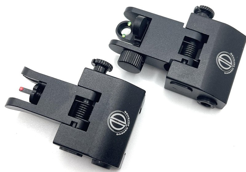 Dagger Defense (Veteran Owned Company) Fiber Optic BUIS Backup Iron Sights for use on Standard Picatinny Rails. Spring Loaded. Use with red dots and Reflex Sights.
