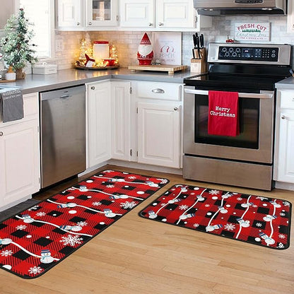 Buffalo Plaid Christmas Kitchen Rugs and Mats Set of 2, Christmas Snowman Winter New Year Holiday Party Low-Profile Floor Mat Merry Christmas Decorations for Kitchen Home- 17"x47"+17"x30"