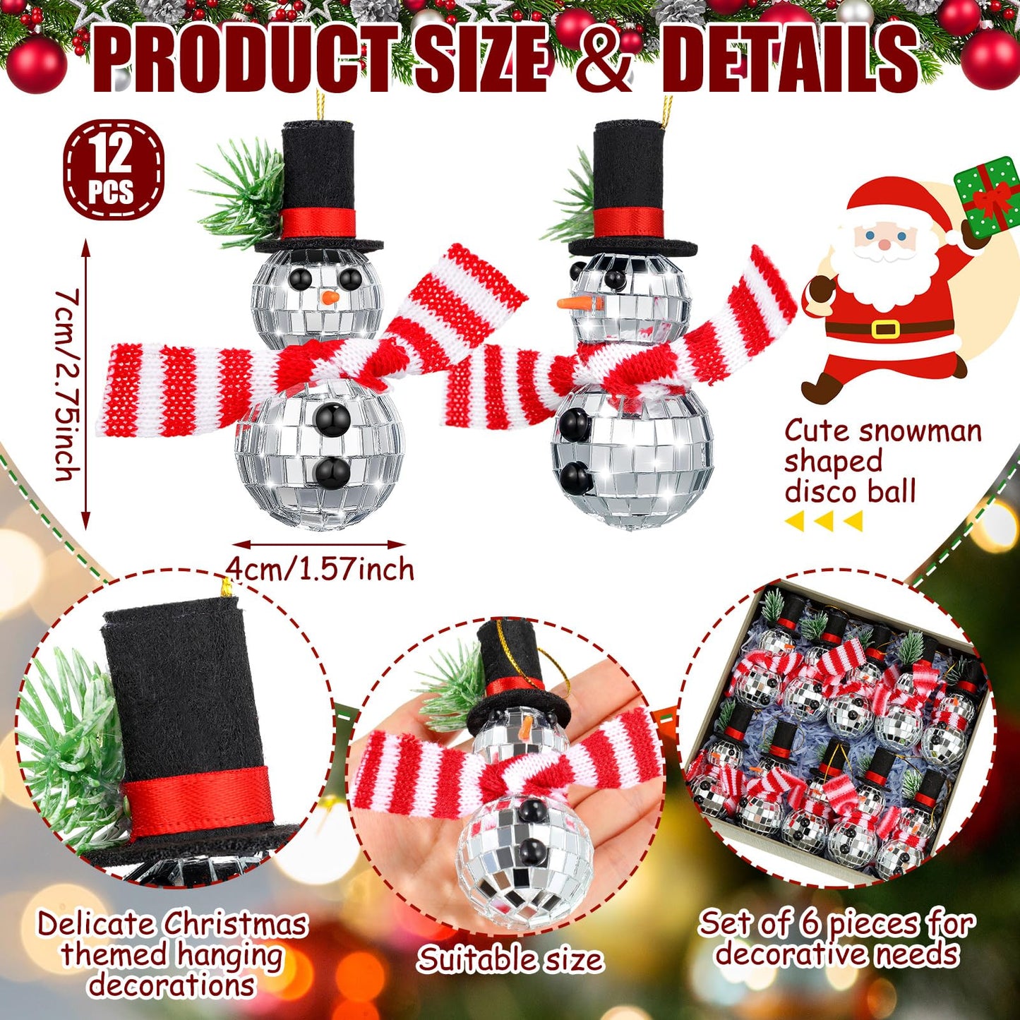 Quzzil 12 Pieces Christmas Snowman Hanging Disco Ball Decorations Reflective Mirror Snowman Hanging Ornaments with String Hats Disco Ball Decor for 70s Disco Themed Xmas Tree Wedding Party Supplies