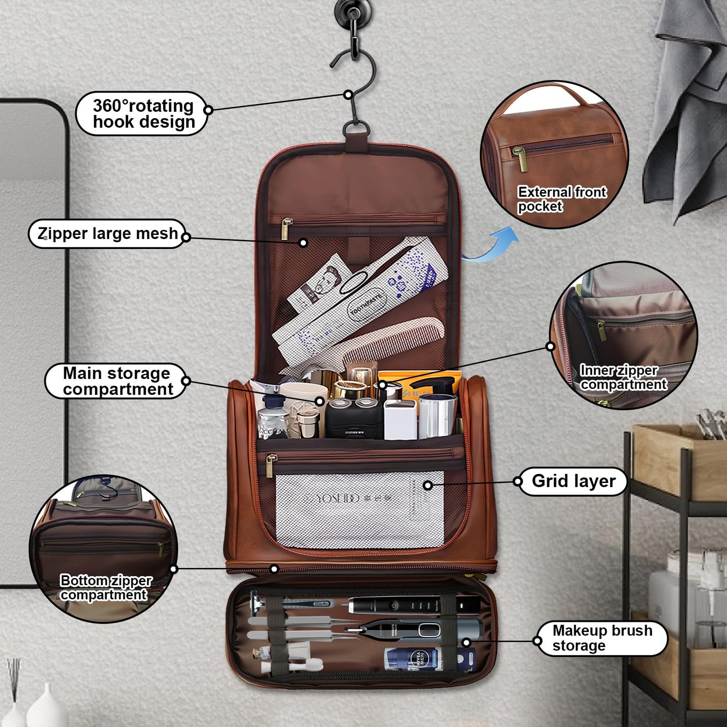 hanvate Travel Toiletry Bag For Men and Women, Leather Hanging Toiletry Organizer, Waterproof with Separate Compartments, Travel Kit for Gym Camping and Mens Gift (Dark Brown)