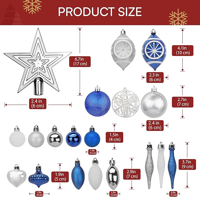 Joiedomi 70Pcs Assorted Christmas Ornaments Set with Ball Ornaments, Star Topper and Heart, Hanging Shatterproof Christmas Ornaments for Holidays and Xmas Tree Ornaments (Blue, Silver&White)