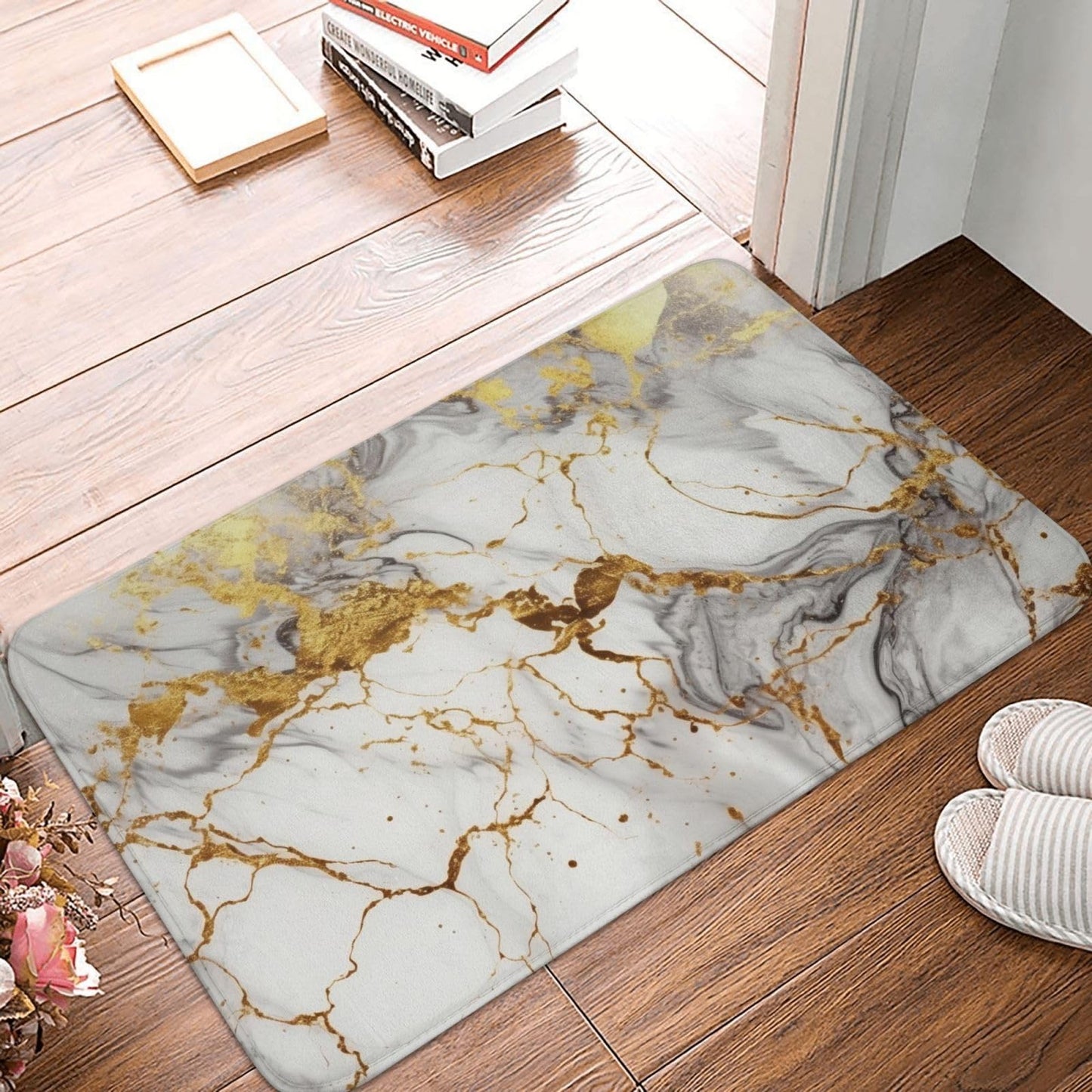 Jbofyee Golden White Marble Print Bath Mat 24x16 Inch Non-Slip Soft Microfiber Bathroom Rugs Washable Bathmat, Carpet Rug Entryway Decor for Tub Shower Room Floor