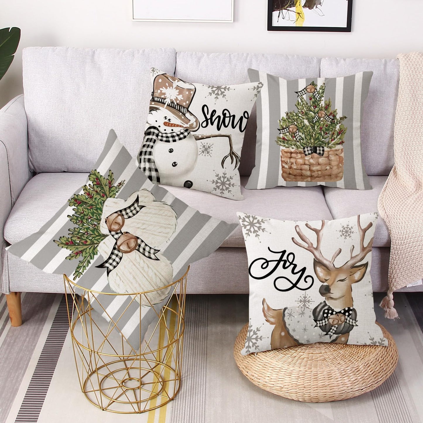 Coeufuedy Christmas Stripe Pillow Covers 18x18 Inch Set of 4 Snowman Reindeer Gloves Eucalyptus Winter Holiday Decorative Farmhouse Cushion Covers for Sofa Couch Living Room