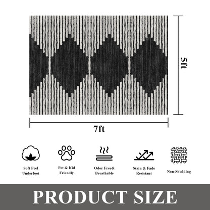 HelloTree Area Rug for Living Room Washable Geometric Moroccan Rug Stripe Farmhouse Bohemian Minimalistic Non Slip Non Shedding Ultra Thin Soft Rug for Bedroom Office DiningRoom Nursery-Black 5'x7'