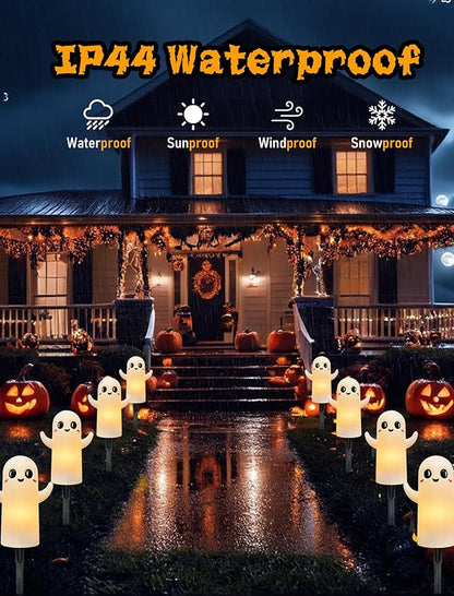 4 Pack Halloween Ghosts Pathway Marker Lights, 7Ft Outdoor Halloween Pathway String Lights with 4 White Ghost Stakes Lights, Extendable Walkway Lights Waterproof for Yard Porch Lawn Sidewalk Garden