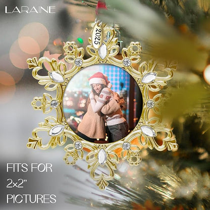 Laraine Christmas Tree Ornaments – Decorative Hanging 2025 Holiday Keepsake Gift Snowflake Pendant with 2” Photo Frame Insert for Picture of Pet (Snowflake Gold (2025))