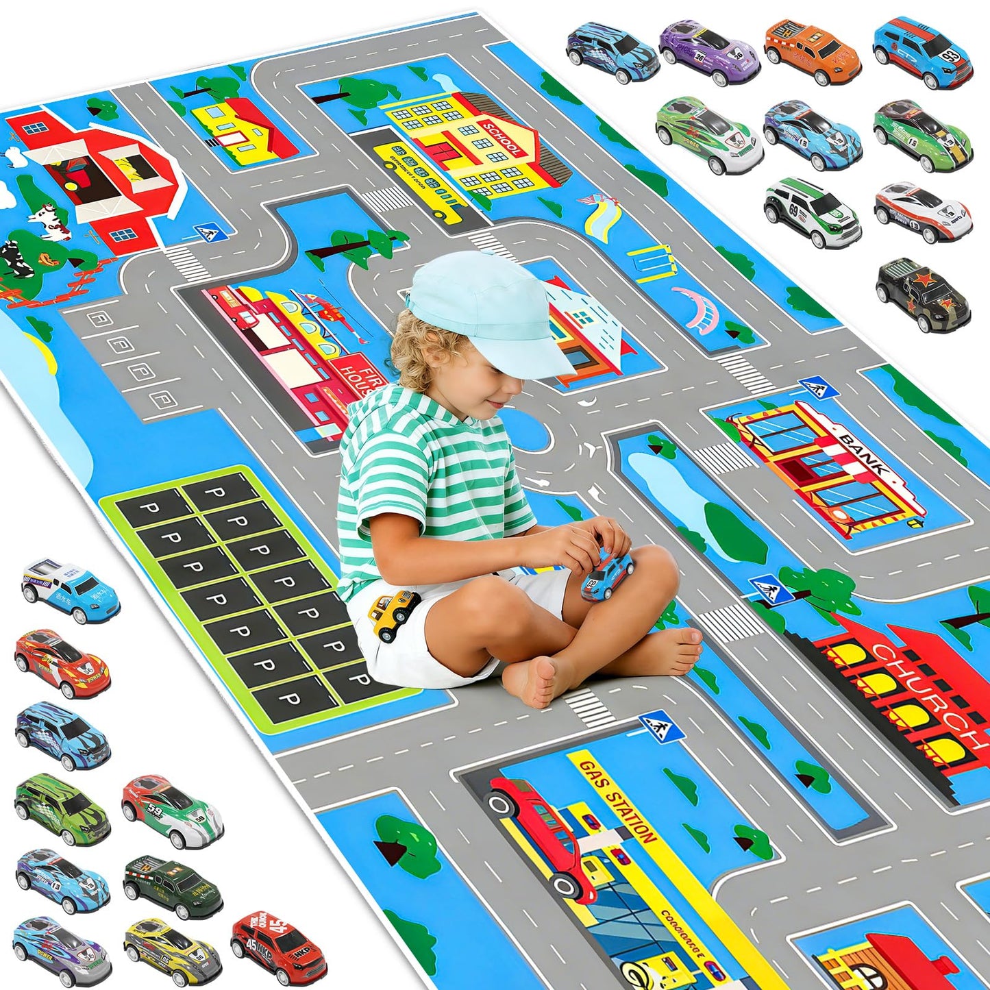 Kids Carpet Playmat Rug: Kids Car Carpet Playmat Rug with 20 Cars Pull-Back Vehicle Set - Play Room, City Pretending Play, 62.9 X 31.4 Inch, Blue