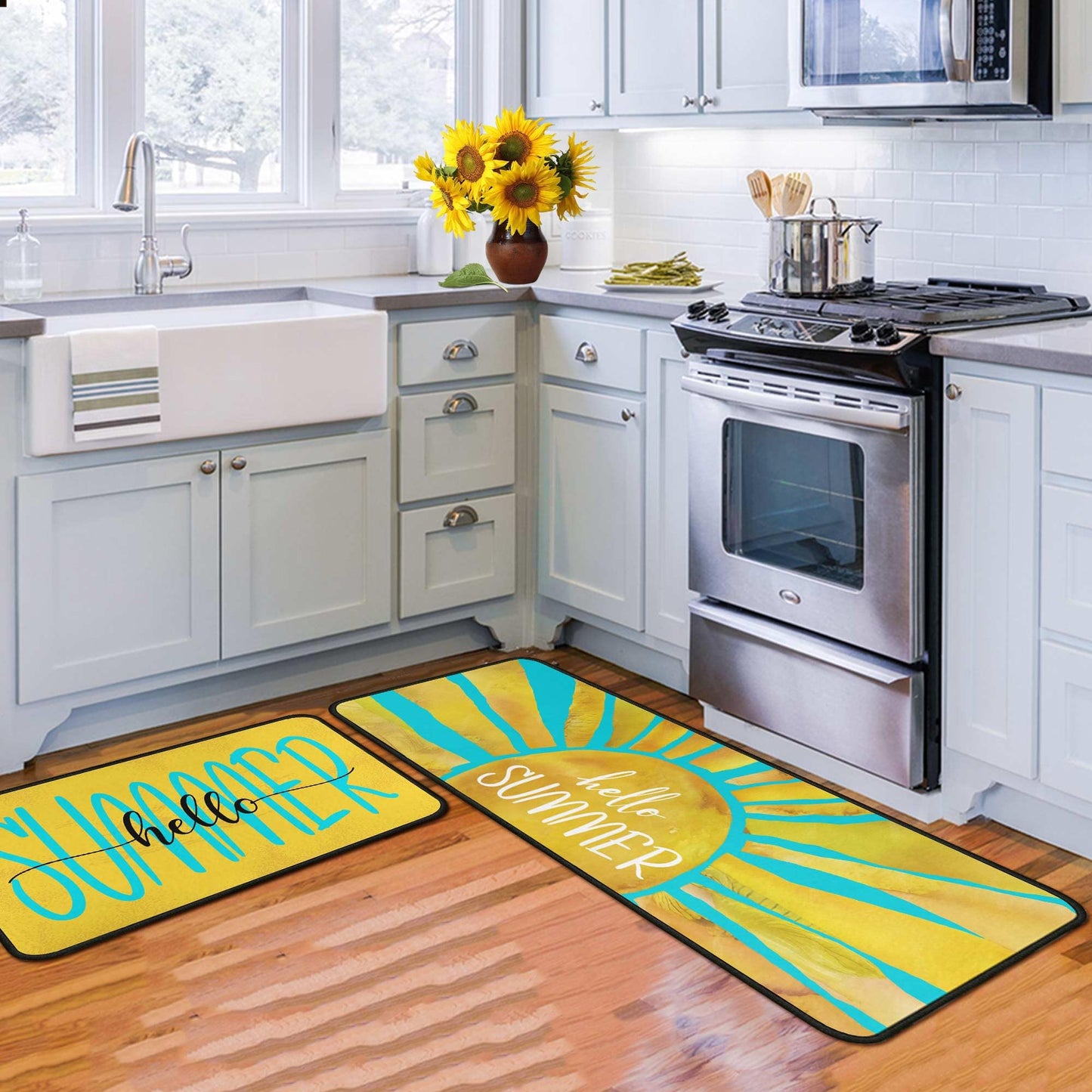 flippana Summer Kitchen Rugs and Mats for Floor, Summer Decorations for Home, 2 Pcs Non-Slip Backing Spring Summer Mat, Summer Decor Holiday Kitchen Rug Sets with Runner 17"x47.2"+17"x30"