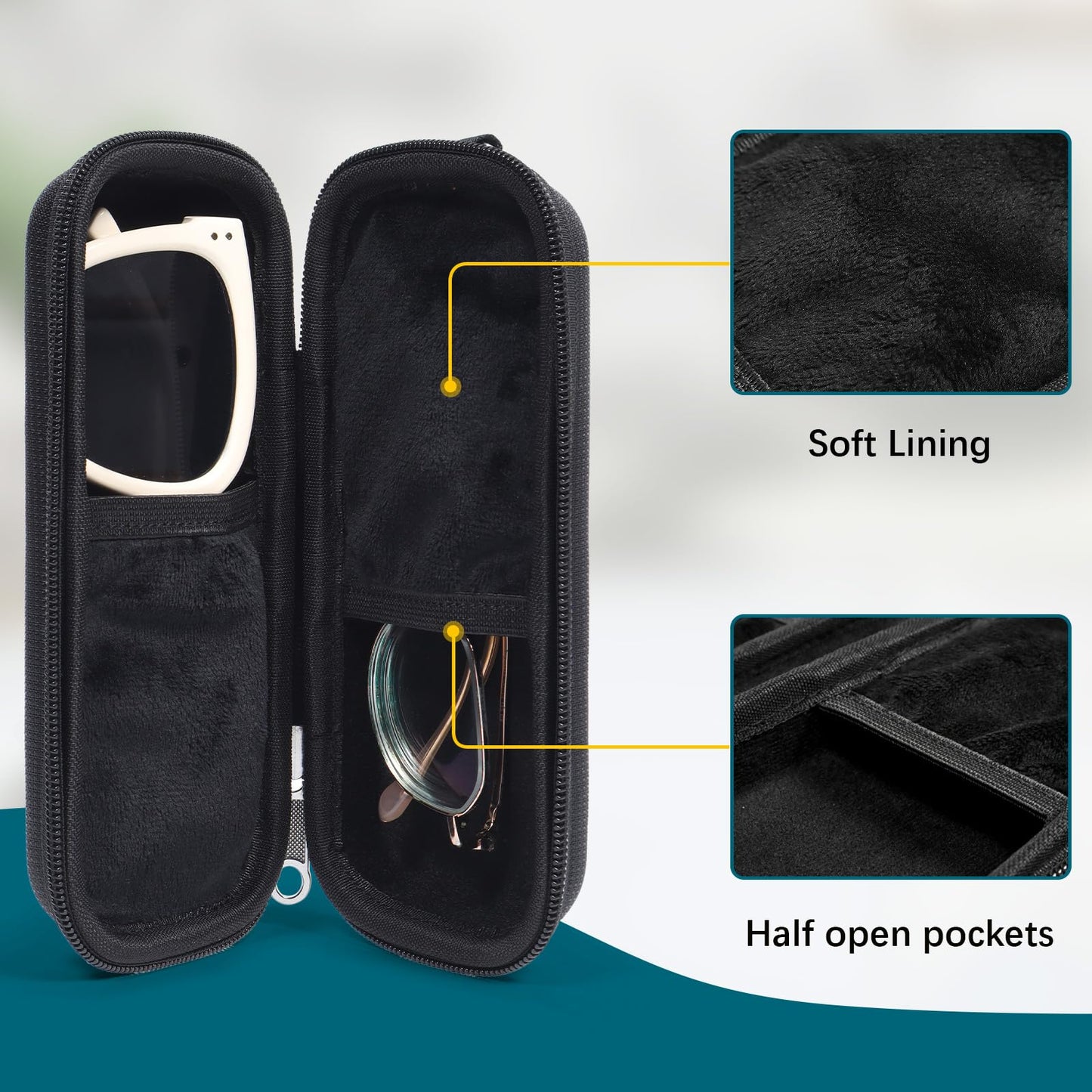 Tangoner Double Eyeglasses Case Hard Shell Dual Sunglasses Organizer with Zipper Closure Travel Eyewear Storage for Vehicle holds 2 Pairs of Glasses, Black